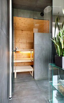 Sauna ja pesuhuone muodostavat modernin ja tyylikkään kokonaisuuden
