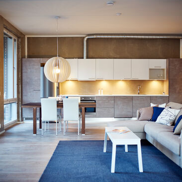 Betoniseinä loft-asunnon keittiössä